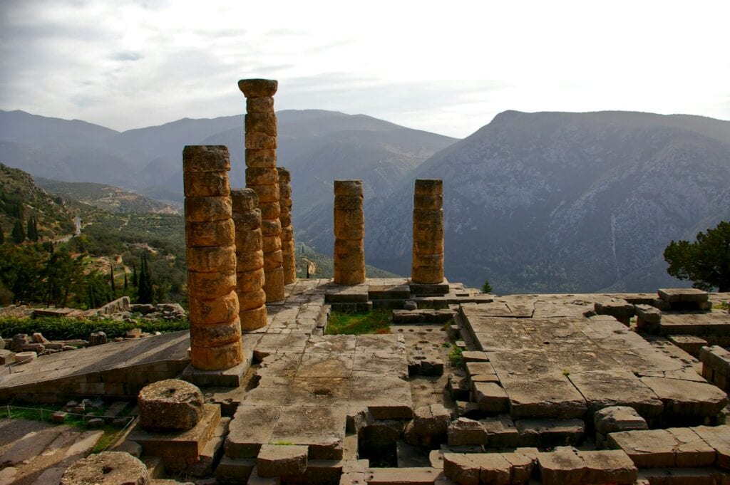Ancient Temple of Apollo in Delphi, Greece in summer