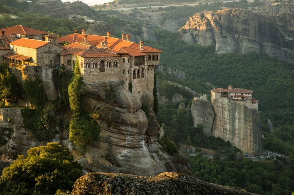 Meteora monasteries View on the Holy Monastery of Varlaam and Roussanou Monastery on background
